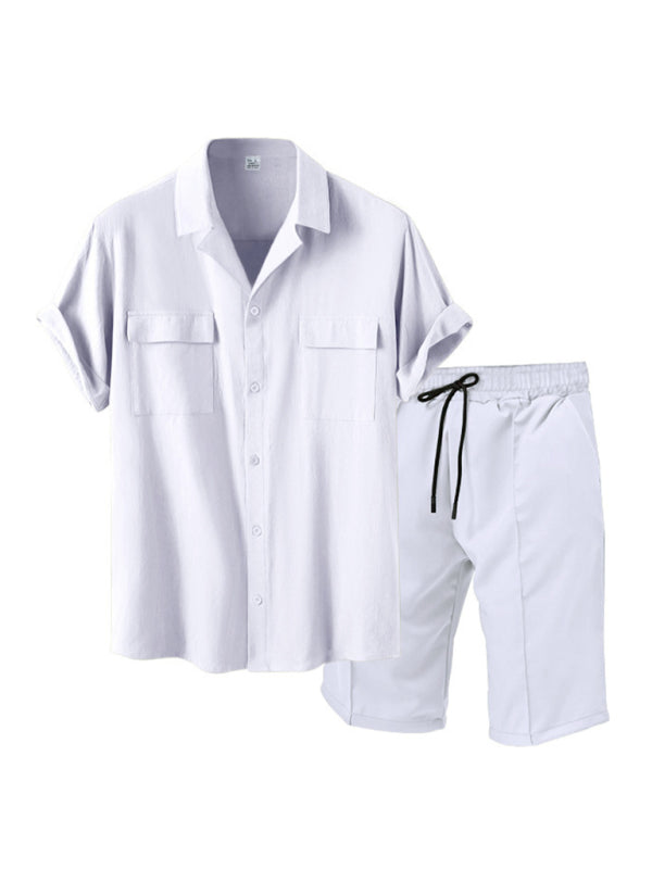 Shorts Set- Smart Casual Men’s 2-Piece Set with Button-Up Shirt & Pocketed Shorts- - Pekosa Women Fashion