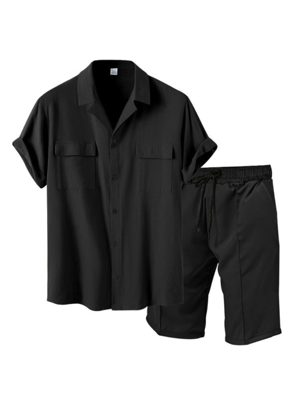 Shorts Set- Smart Casual Men’s 2-Piece Set with Button-Up Shirt & Pocketed Shorts- - Pekosa Women Fashion