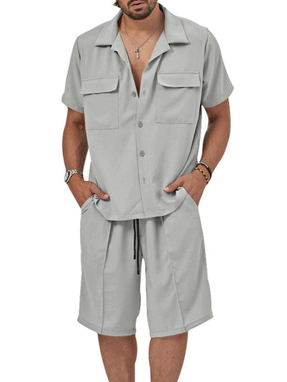 Shorts Set- Smart Casual Men’s 2-Piece Set with Button-Up Shirt & Pocketed Shorts- Misty grey- Pekosa Women Fashion