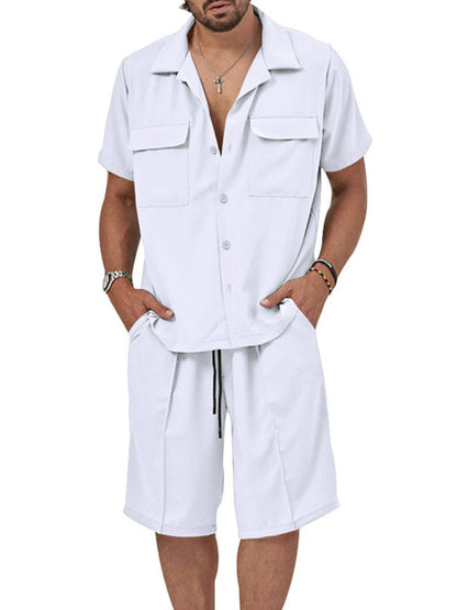 Shorts Set- Smart Casual Men’s 2-Piece Set with Button-Up Shirt & Pocketed Shorts- White- Pekosa Women Fashion