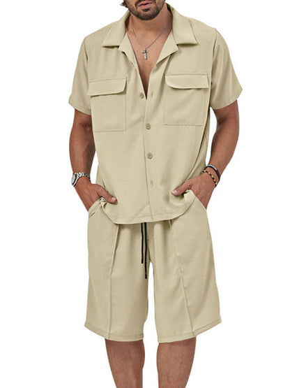 Shorts Set- Smart Casual Men’s 2-Piece Set with Button-Up Shirt & Pocketed Shorts- Khaki- Pekosa Women Fashion