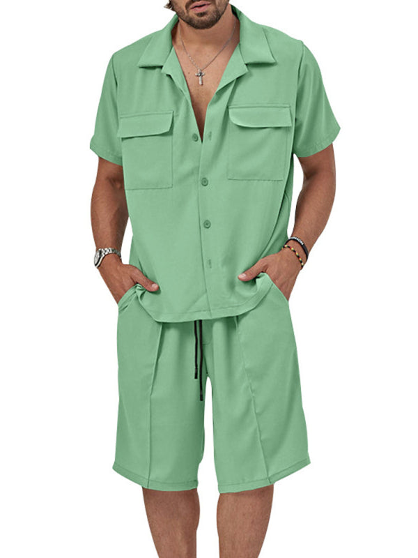 Shorts Set- Smart Casual Men’s 2-Piece Set with Button-Up Shirt & Pocketed Shorts- Green- Pekosa Women Fashion