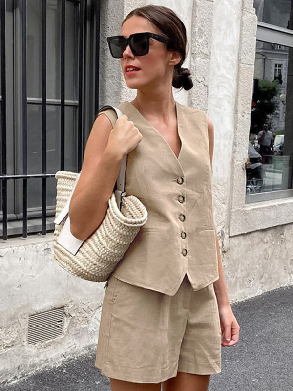 Shorts Set- Summer Cotton 2-Piece Suit with Shorts & Vest- Khaki- Pekosa Women Fashion