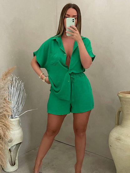 Shorts Set- Summer Outfit Casual Set Lapel Shirt + Elastic Waist Short- Green- Pekosa Women Clothing