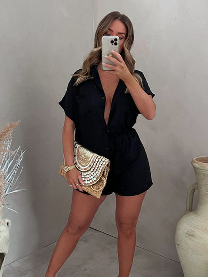 Shorts Set- Summer Outfit Casual Set Lapel Shirt + Elastic Waist Short- Black- Pekosa Women Clothing