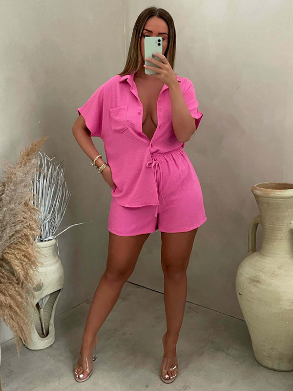 Shorts Set- Summer Outfit Casual Set Lapel Shirt + Elastic Waist Short- - Pekosa Women Clothing