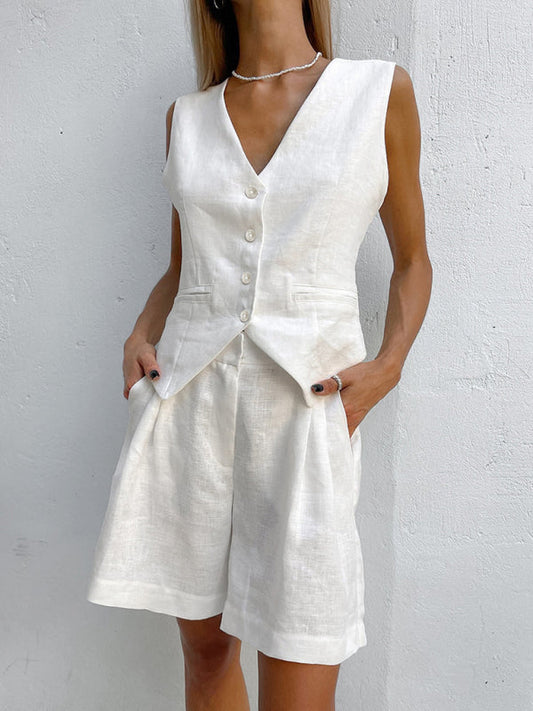 Shorts Set- Women's Elegant Outfit Vest and Shorts- White- Pekosa Women Clothing