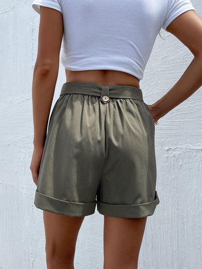 Shorts- Sophisticated Women's Shorts with Belt, High Waist, and Cuffed Hem- - Pekosa Women Clothing