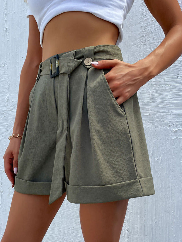 Shorts- Sophisticated Women's Shorts with Belt, High Waist, and Cuffed Hem- - Pekosa Women Clothing