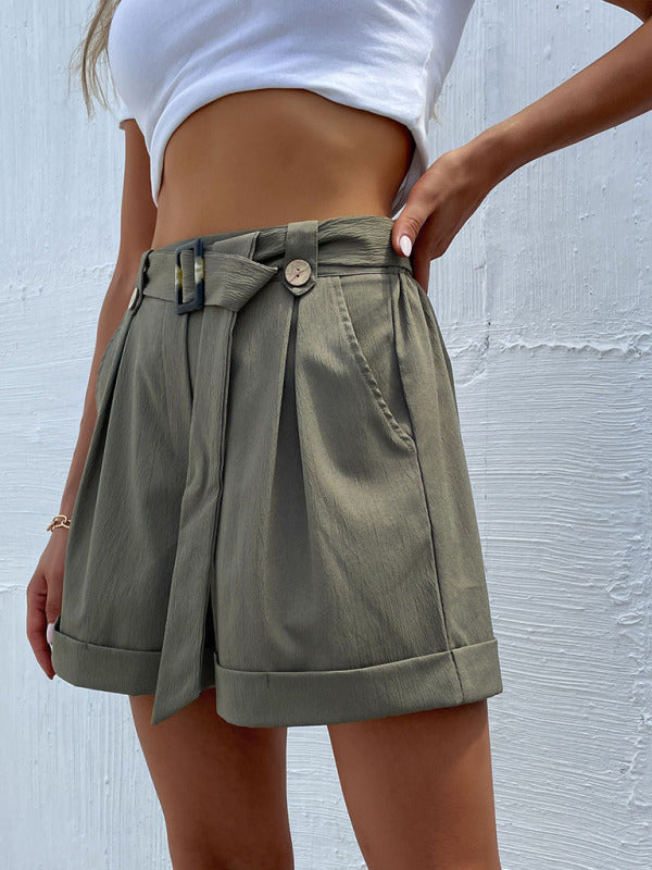 Shorts- Sophisticated Women's Shorts with Belt, High Waist, and Cuffed Hem- - Pekosa Women Clothing