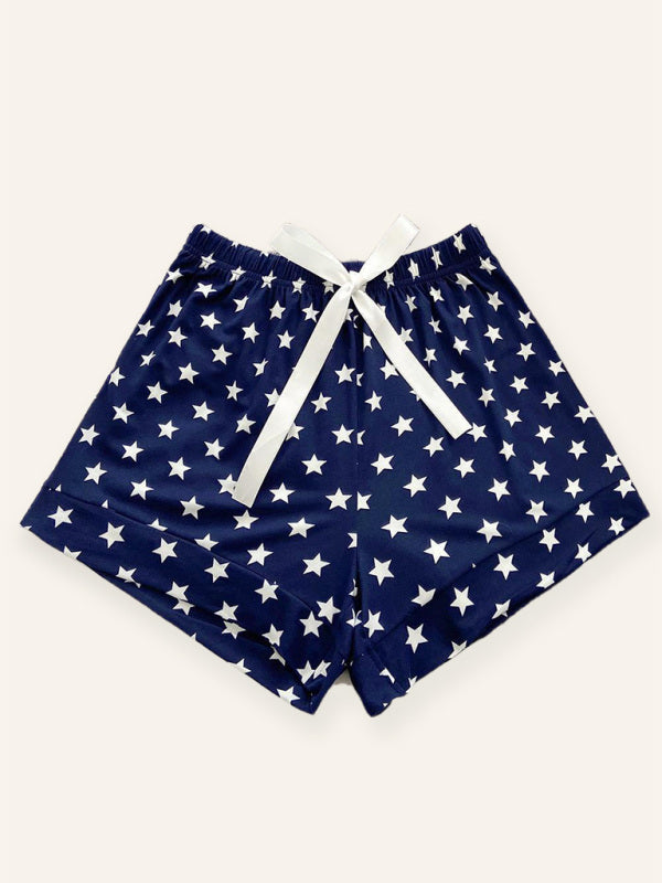 Shorts- Stars Print Boyshorts - Lounge Shorts with Adjustable Waist- Purplish blue navy- Pekosa Women Clothing