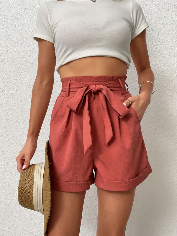 Shorts- Trendy Women's Cuffed Shorts: Paperbag Waist, and Belted- - Pekosa Women Clothing