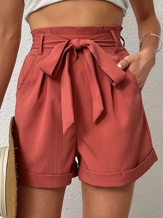 Shorts- Trendy Women's Cuffed Shorts: Paperbag Waist, and Belted- Pink purple- Pekosa Women Clothing