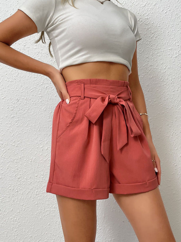 Shorts- Trendy Women's Cuffed Shorts: Paperbag Waist, and Belted- - Pekosa Women Clothing