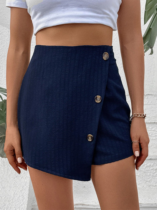 Shorts- Trendy Wrap Skirt Shorts: Button Front, 2-in-1 Style, High Rise- Navy blue- Pekosa Women Clothing