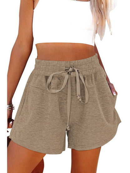 Shorts- Wide-Leg High Rise Easy Shorts with Pockets & Adjustable Waist Tie- Brown- Pekosa Women Clothing