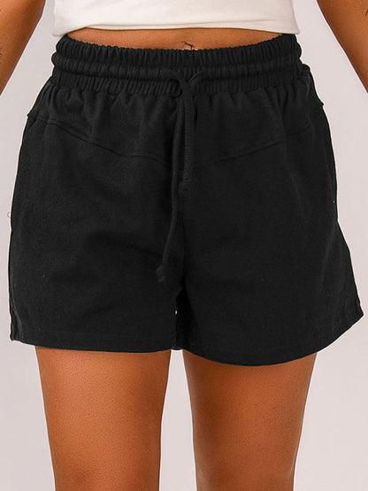 Shorts- Wide-Leg High Rise Easy Shorts with Pockets & Adjustable Waist Tie- Black- Pekosa Women Clothing