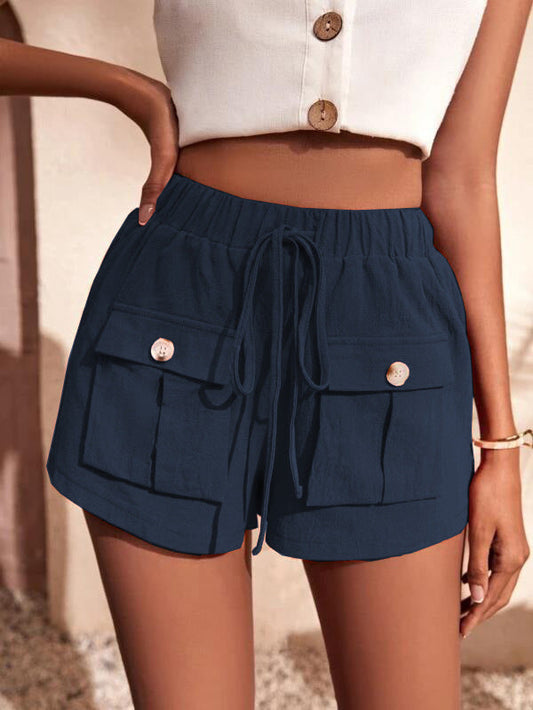 Shorts- Women's Casual Cargo Shorts: Adjustable Waist, Convenient Pockets- Navy Blue- Pekosa Women Clothing