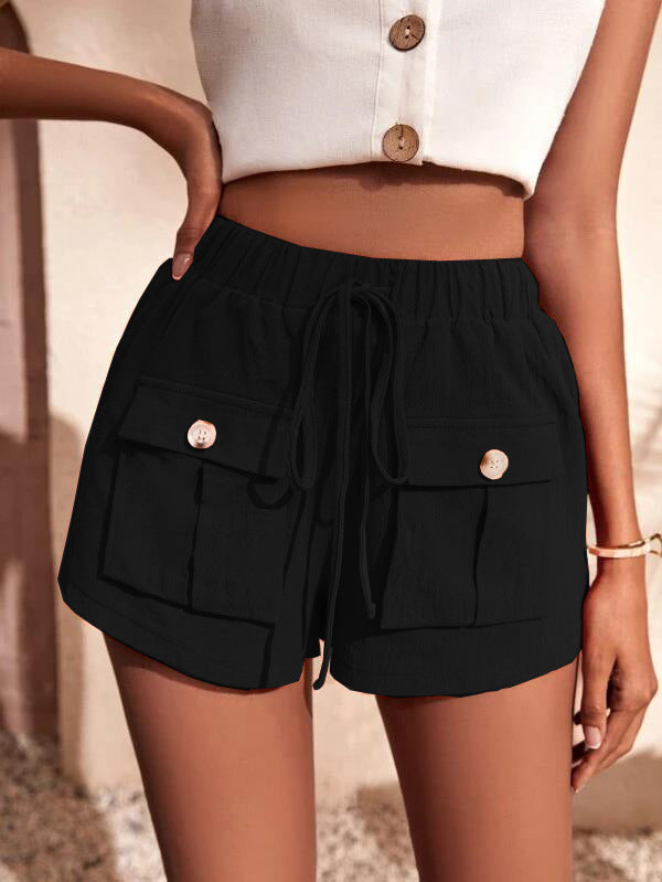 Shorts- Women's Casual Cargo Shorts: Adjustable Waist, Convenient Pockets- Black- Pekosa Women Clothing