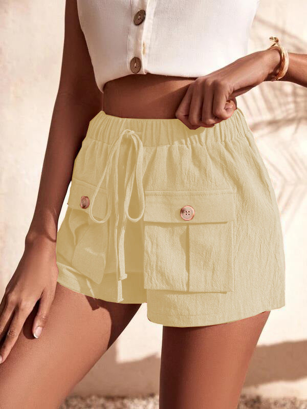 Shorts- Women's Casual Cargo Shorts: Adjustable Waist, Convenient Pockets- Cracker khaki- Pekosa Women Clothing