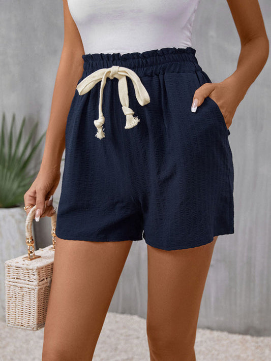 Shorts- Women's Solid Paperbag Shorts with Handy Pockets- Champlain color- Pekosa Women Fashion