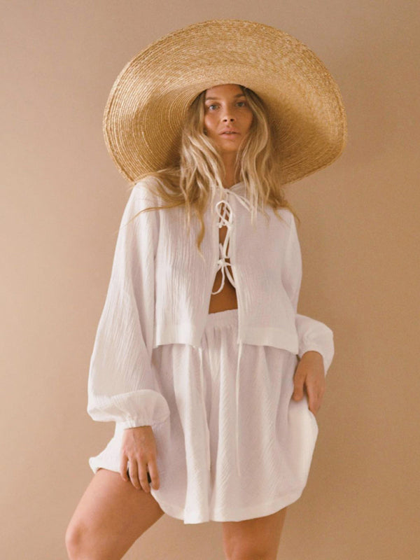 Shorts set- Casual Summer Textured Set Wide-Leg Shorts and Tie-Up Blouse- White- Pekosa Women Clothing