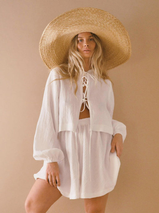 Shorts set- Casual Summer Textured Set Wide-Leg Shorts and Tie-Up Blouse- White- Pekosa Women Clothing