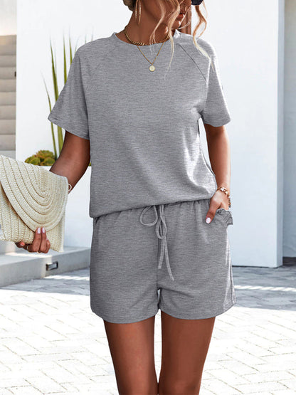 Shorts sets- Ruffle Hem Two Piece Set for Women - Casual T-Shirt + Shorts- Misty grey- Pekosa Women Clothing