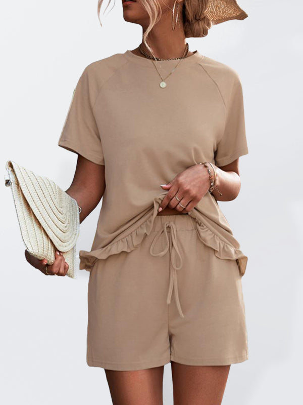 Shorts sets- Ruffle Hem Two Piece Set for Women - Casual T-Shirt + Shorts- Khaki- Pekosa Women Clothing