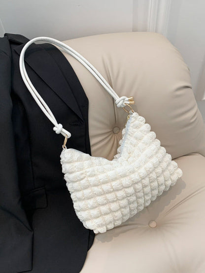 Shoulder Bags- Textured Cotton Shoulder Hobo Bag- White- Pekosa Women Clothing