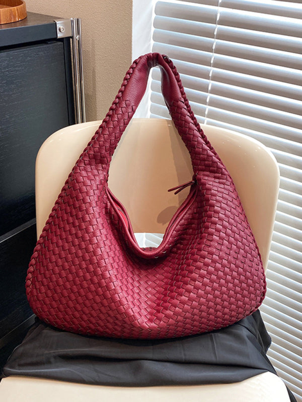 Shoulder Bags- Textured Faux Leather Hobo Shoulder Bag- Red- Pekosa Women Clothing