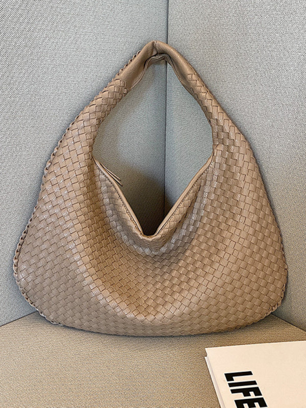 Shoulder Bags- Textured Faux Leather Hobo Shoulder Bag- Khaki- Pekosa Women Clothing