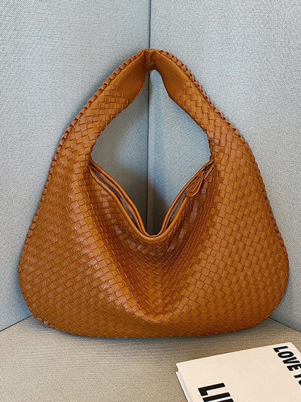 Shoulder Bags- Textured Faux Leather Hobo Shoulder Bag- Brown- Pekosa Women Clothing