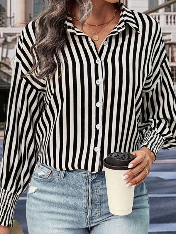 Shrits- Women’s Stripe Shirt - Shirred Cuffs, Button Down Long Sleeve Top- Black- Pekosa Women Clothing