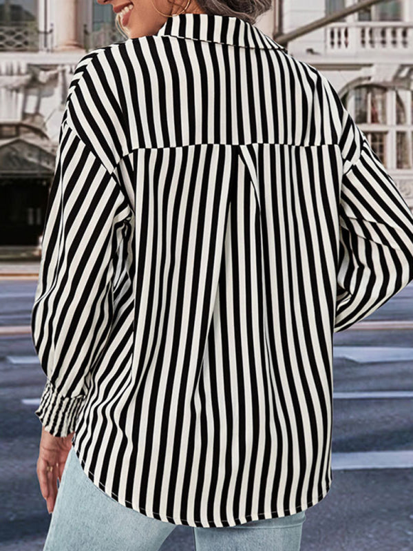 Shrits- Women’s Stripe Shirt - Shirred Cuffs, Button Down Long Sleeve Top- - Pekosa Women Clothing