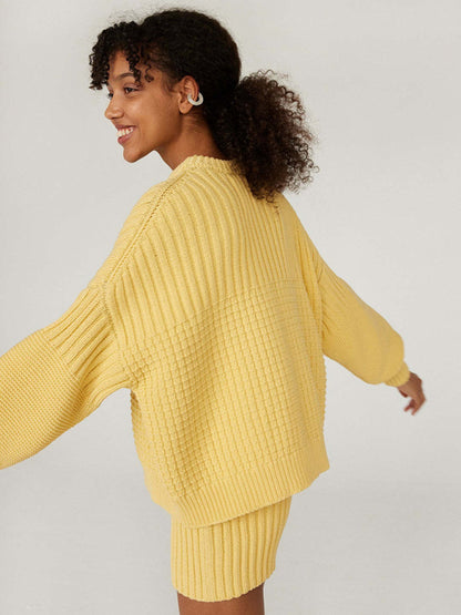 Shrots Set- Comfy Knitwear Duo: Lounge Sweater and Laid-Back Shorts- - Pekosa Women Clothing