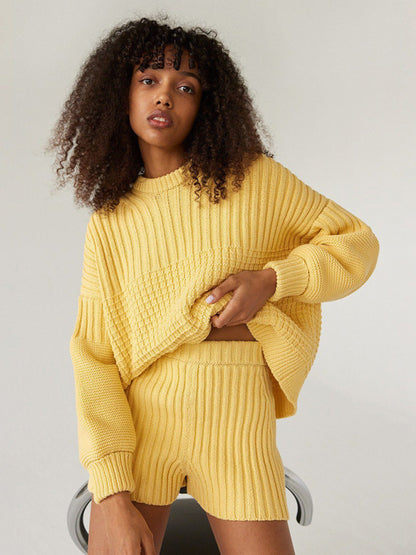 Shrots Set- Comfy Knitwear Duo: Lounge Sweater and Laid-Back Shorts- Yellow- Pekosa Women Clothing