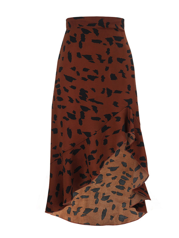 Skirt- Animal Print High-Low Midi Skirt with Asymmetrical Ruffle Hem- - Pekosa Women Clothing