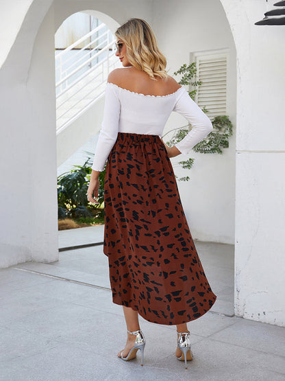 Skirt- Animal Print High-Low Midi Skirt with Asymmetrical Ruffle Hem- - Pekosa Women Clothing