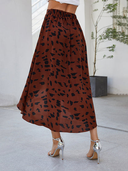 Skirt- Animal Print High-Low Midi Skirt with Asymmetrical Ruffle Hem- Coffee- Pekosa Women Clothing