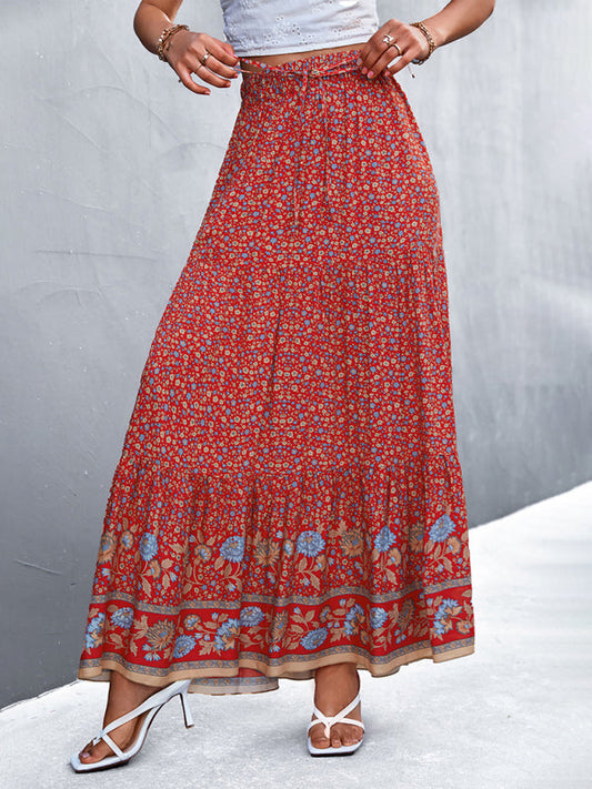 Skirt- Boho Chic Casual Floral Maxi Skirt for Women- Red- Pekosa Women Clothing