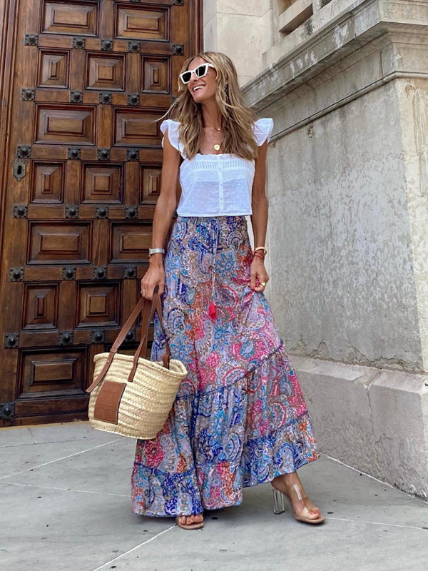 Skirt- Boho-Chic Vintage Skirt with Tropical Print and Tiered Ruffles- - Pekosa Women Clothing