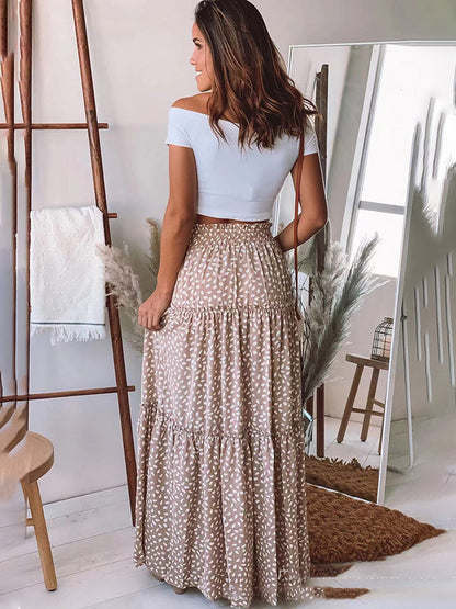 Skirt- Boho Polka Dot Tiered Waist Tie Gypsy Maxi Skirt- - Pekosa Women Clothing