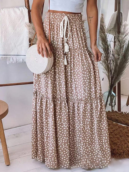 Skirt- Boho Polka Dot Tiered Waist Tie Gypsy Maxi Skirt- Coffee- Pekosa Women Clothing