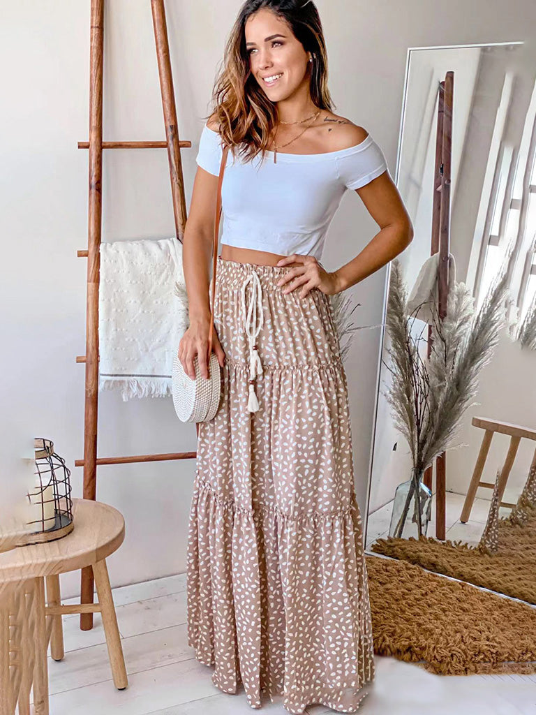 Skirt- Boho Polka Dot Tiered Waist Tie Gypsy Maxi Skirt- - Pekosa Women Clothing