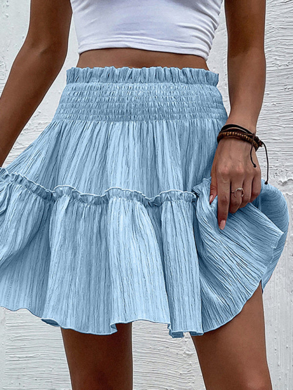 Skirt- Express Your Style: A-line Mini Skirt - Ruffle Trim & Easy Pairings- Blue- Pekosa Women Clothing