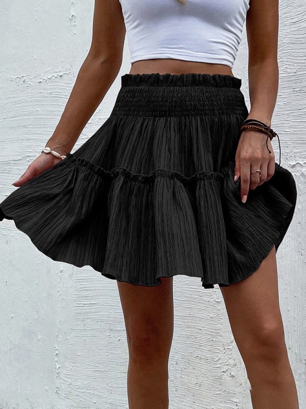 Skirt- Express Your Style: A-line Mini Skirt - Ruffle Trim & Easy Pairings- Black- Pekosa Women Clothing