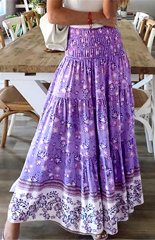 Skirt- Floral Boho Tiered Ruffle Maxi Skirt- - Pekosa Women Clothing