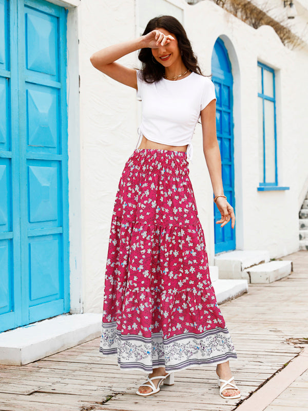 Skirt- Floral Boho Tiered Ruffle Maxi Skirt- - Pekosa Women Clothing