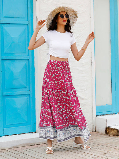 Skirt- Floral Boho Tiered Ruffle Maxi Skirt- - Pekosa Women Clothing